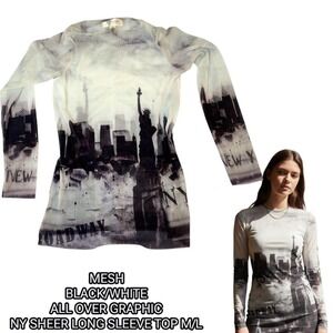 Grunge‎ mesh graphic New York sheer long sleeve shirt, medium/large